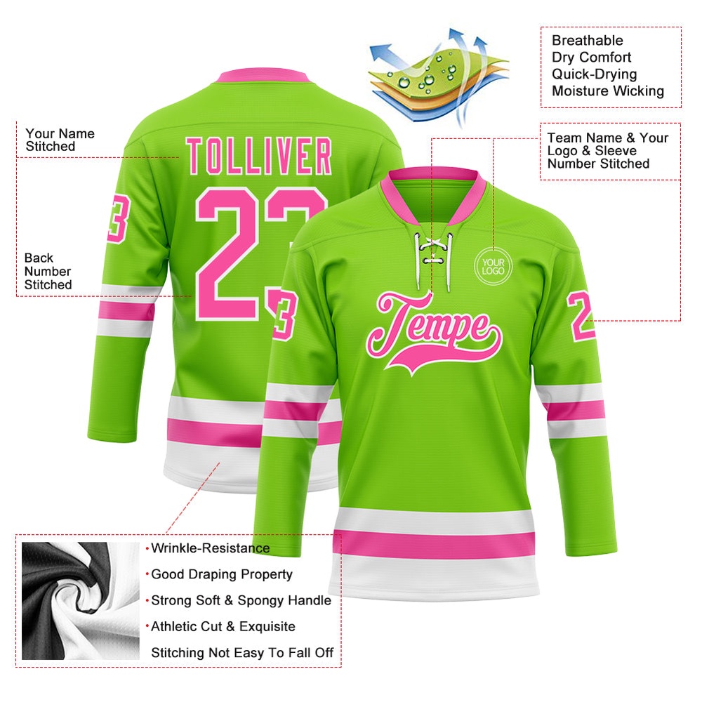 Custom Neon Green Pink White Hockey Lace Neck Jersey, New Hockey Jersey, Personali Sport Team Jersey Shirt