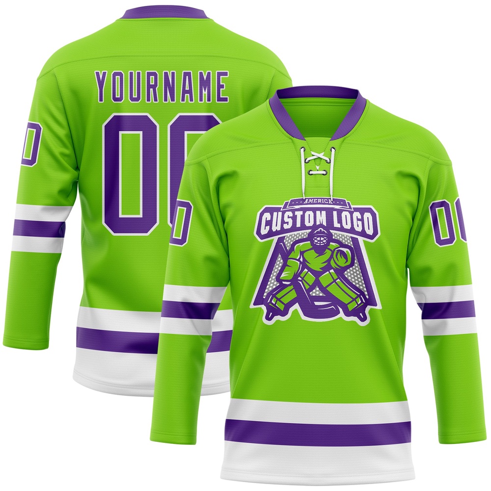 Custom Neon Green Purple White Hockey Lace Neck Jersey, New Hockey Jersey, Personali Sport Team Jersey Shirt