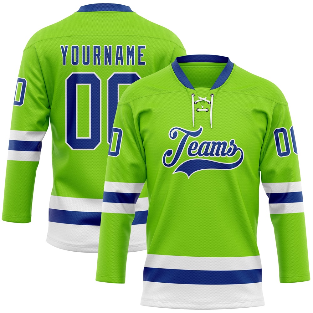 Custom Neon Green Royal White Hockey Lace Neck Jersey, New Hockey Jersey, Personali Sport Team Jersey Shirt