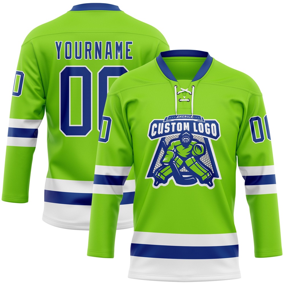 Custom Neon Green Royal White Hockey Lace Neck Jersey, New Hockey Jersey, Personali Sport Team Jersey Shirt