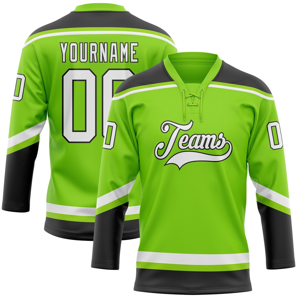Custom Neon Green White Black Hockey Lace Neck Jersey, New Hockey Jersey, Personali Sport Team Jersey Shirt