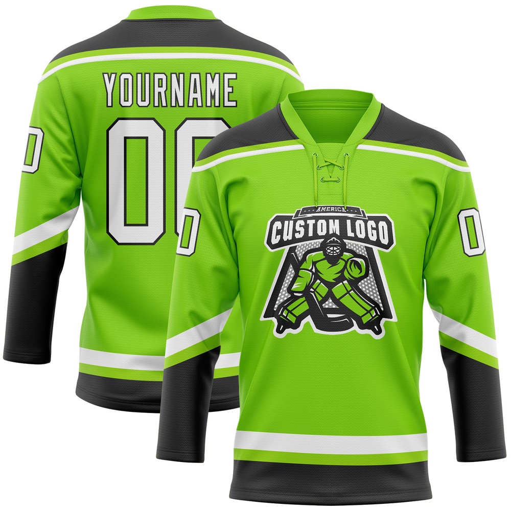 Custom Neon Green White Black Hockey Lace Neck Jersey, New Hockey Jersey, Personali Sport Team Jersey Shirt