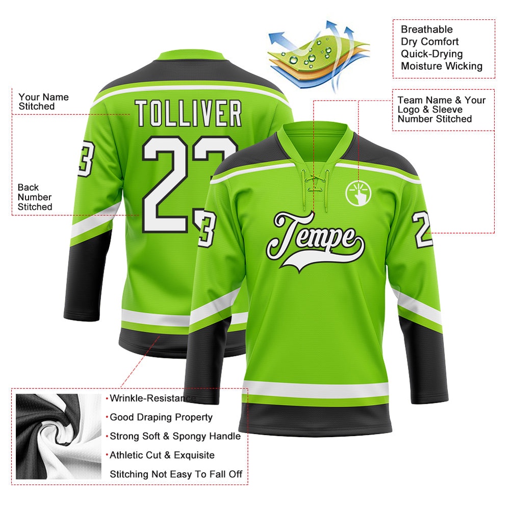 Custom Neon Green White Black Hockey Lace Neck Jersey, New Hockey Jersey, Personali Sport Team Jersey Shirt