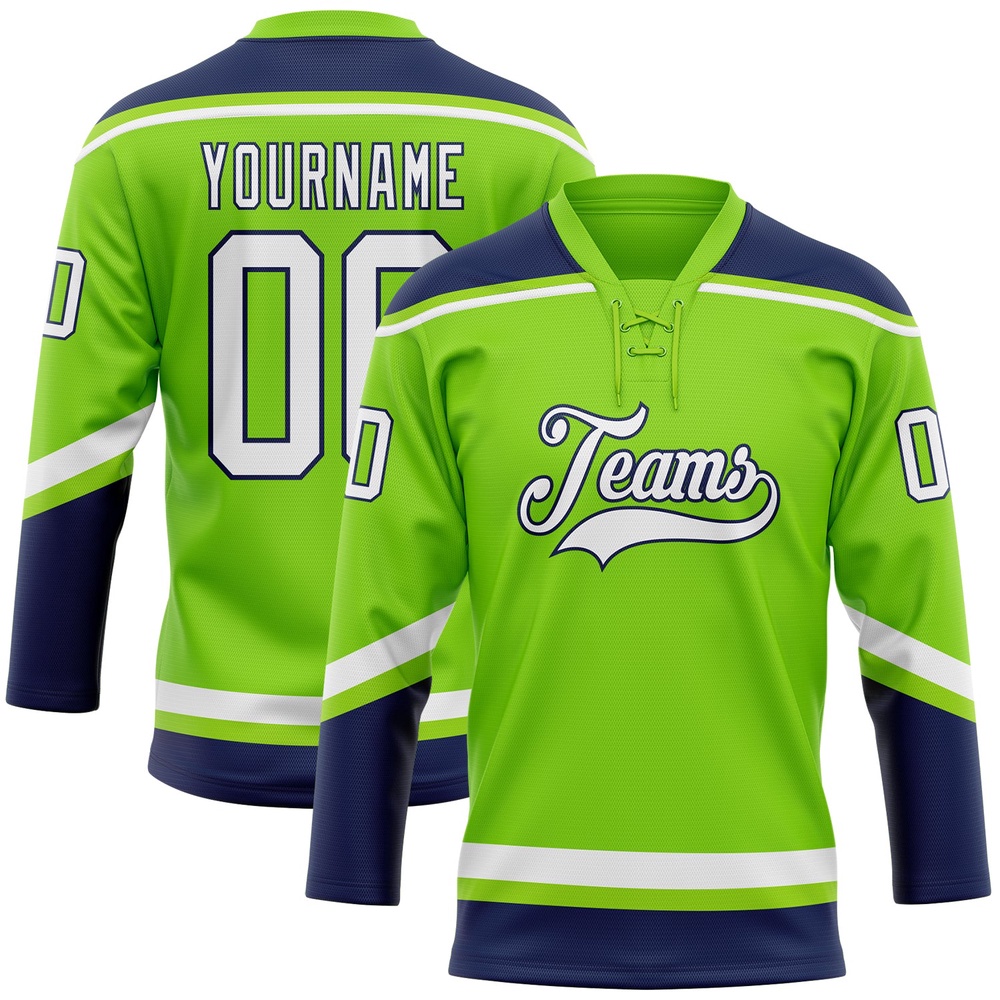Custom Neon Green White Navy Hockey Lace Neck Jersey, New Hockey Jersey, Personali Sport Team Jersey Shirt
