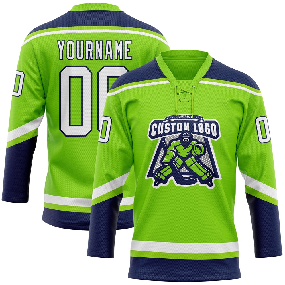 Custom Neon Green White Navy Hockey Lace Neck Jersey, New Hockey Jersey, Personali Sport Team Jersey Shirt