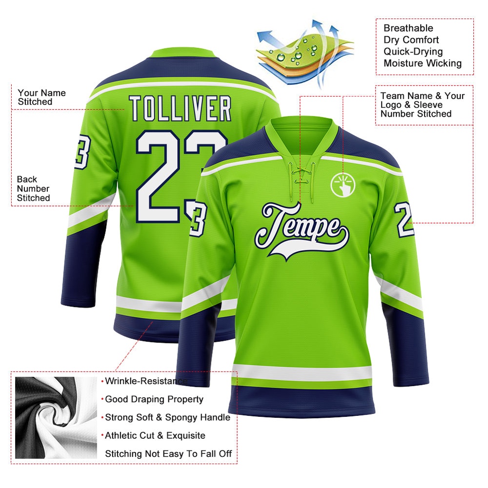 Custom Neon Green White Navy Hockey Lace Neck Jersey, New Hockey Jersey, Personali Sport Team Jersey Shirt