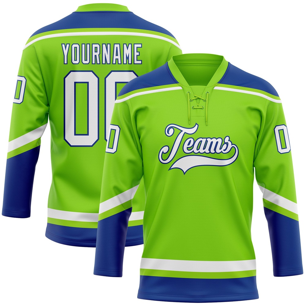 Custom Neon Green White Royal Hockey Lace Neck Jersey, New Hockey Jersey, Personali Sport Team Jersey Shirt