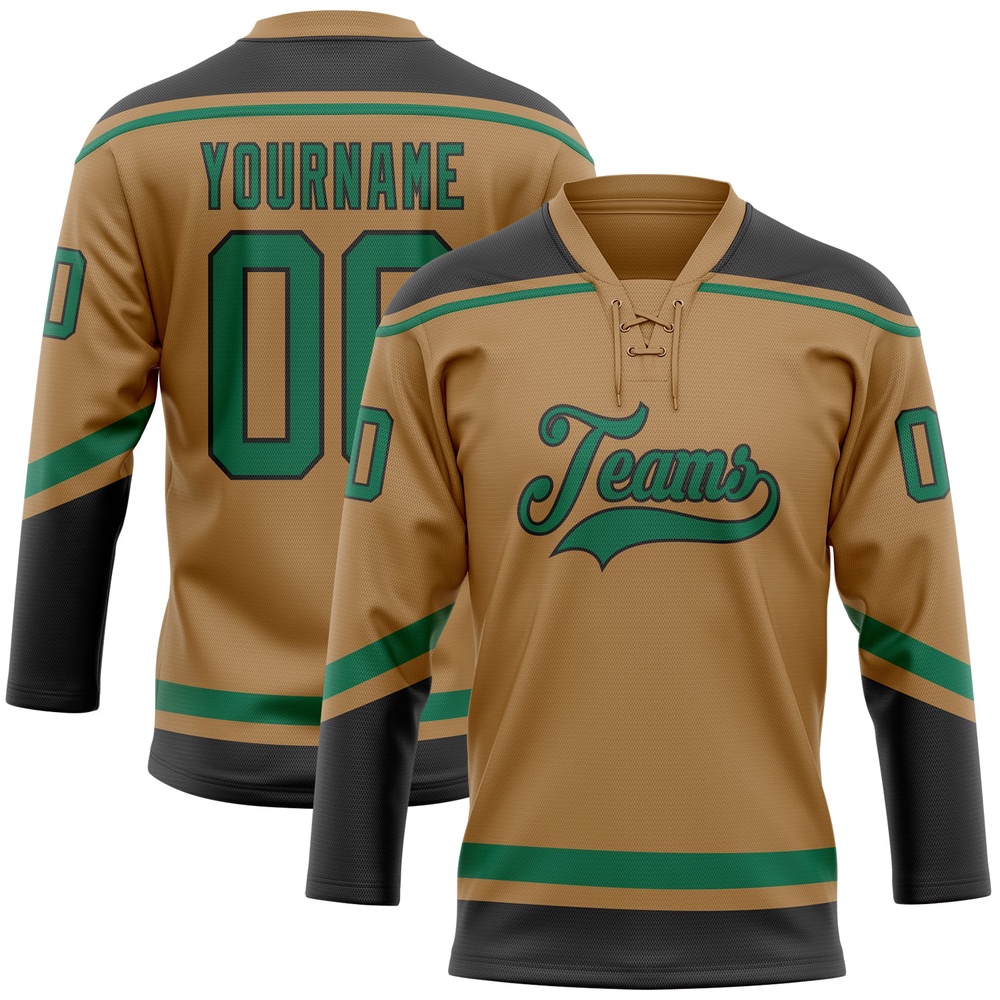 Custom Old Gold Kelly Green Black Hockey Lace Neck Jersey, New Hockey Jersey, Personali Sport Team Jersey Shirt