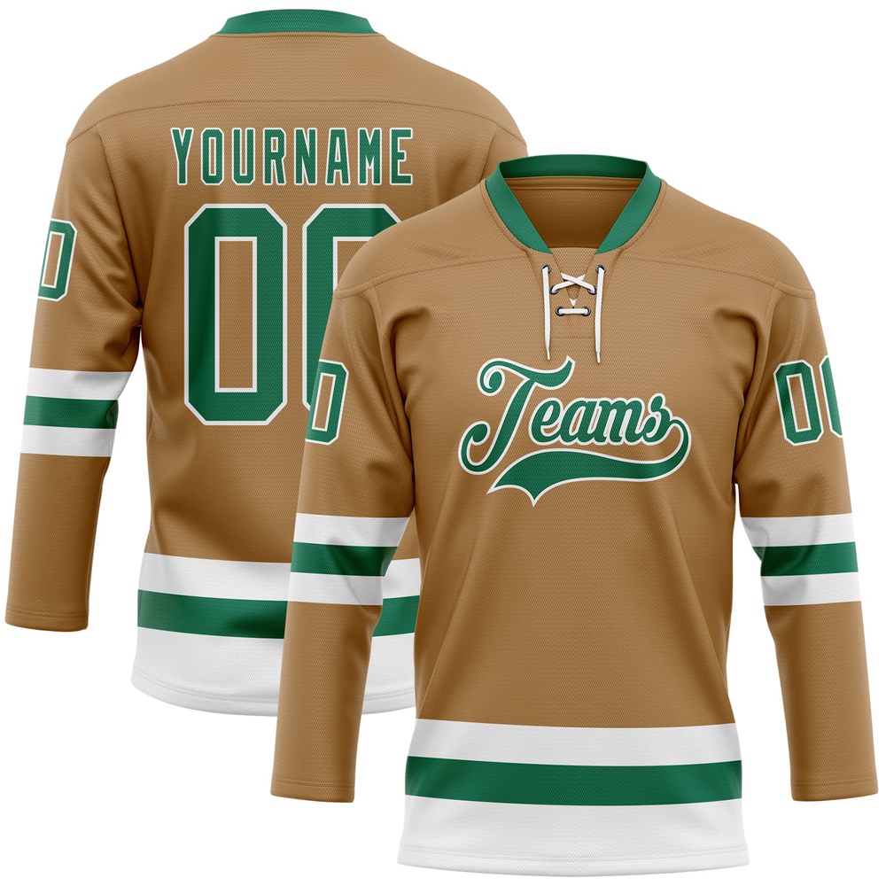 Custom Old Gold Kelly Green White Hockey Lace Neck Jersey, New Hockey Jersey, Personali Sport Team Jersey Shirt