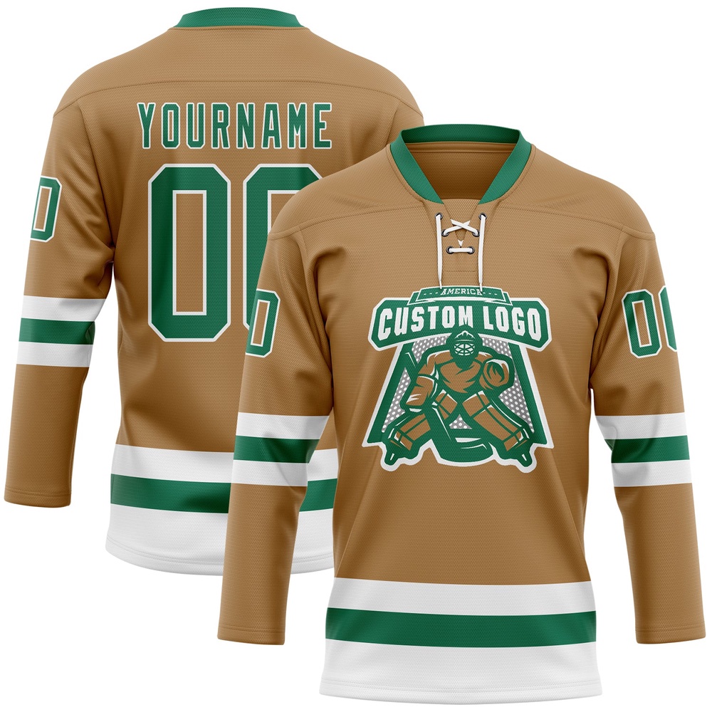 Custom Old Gold Kelly Green White Hockey Lace Neck Jersey, New Hockey Jersey, Personali Sport Team Jersey Shirt