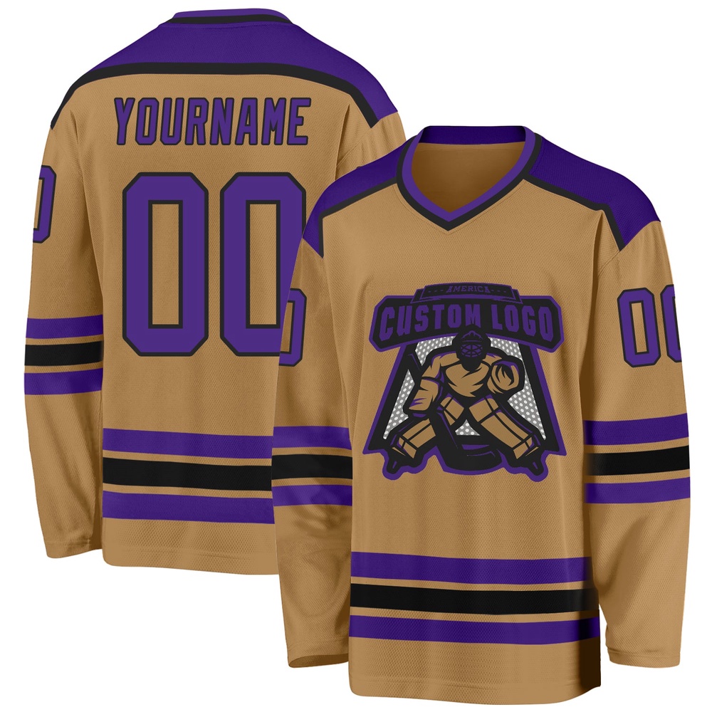 Custom Old Gold Purple Black Hockey Jersey, New Hockey Jersey, Personali Sport Team Jersey Shirt Custom Old Gold Purple Black Hockey Jersey, New Hockey Jersey, Personali Sport Team Jersey Shirt