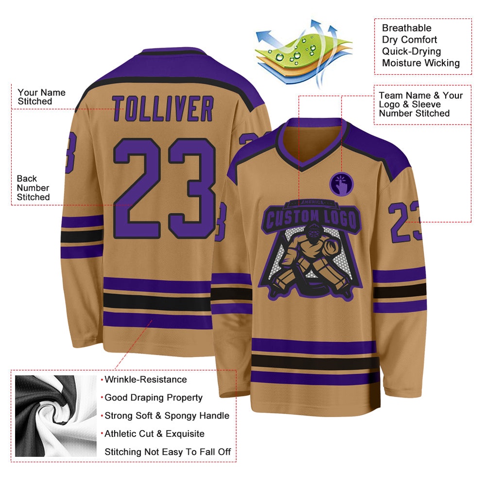 Custom Old Gold Purple Black Hockey Jersey, New Hockey Jersey, Personali Sport Team Jersey Shirt Custom Old Gold Purple Black Hockey Jersey, New Hockey Jersey, Personali Sport Team Jersey Shirt