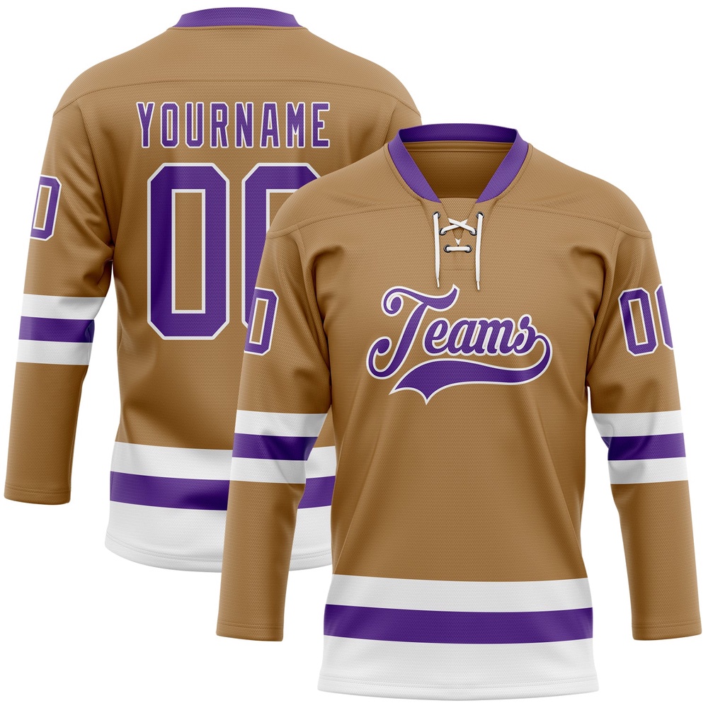 Custom Old Gold Purple White Hockey Lace Neck Jersey, New Hockey Jersey, Personali Sport Team Jersey Shirt Custom Old Gold Purple White Hockey Lace Neck Jersey, New Hockey Jersey, Personali Sport Team Jersey Shirt