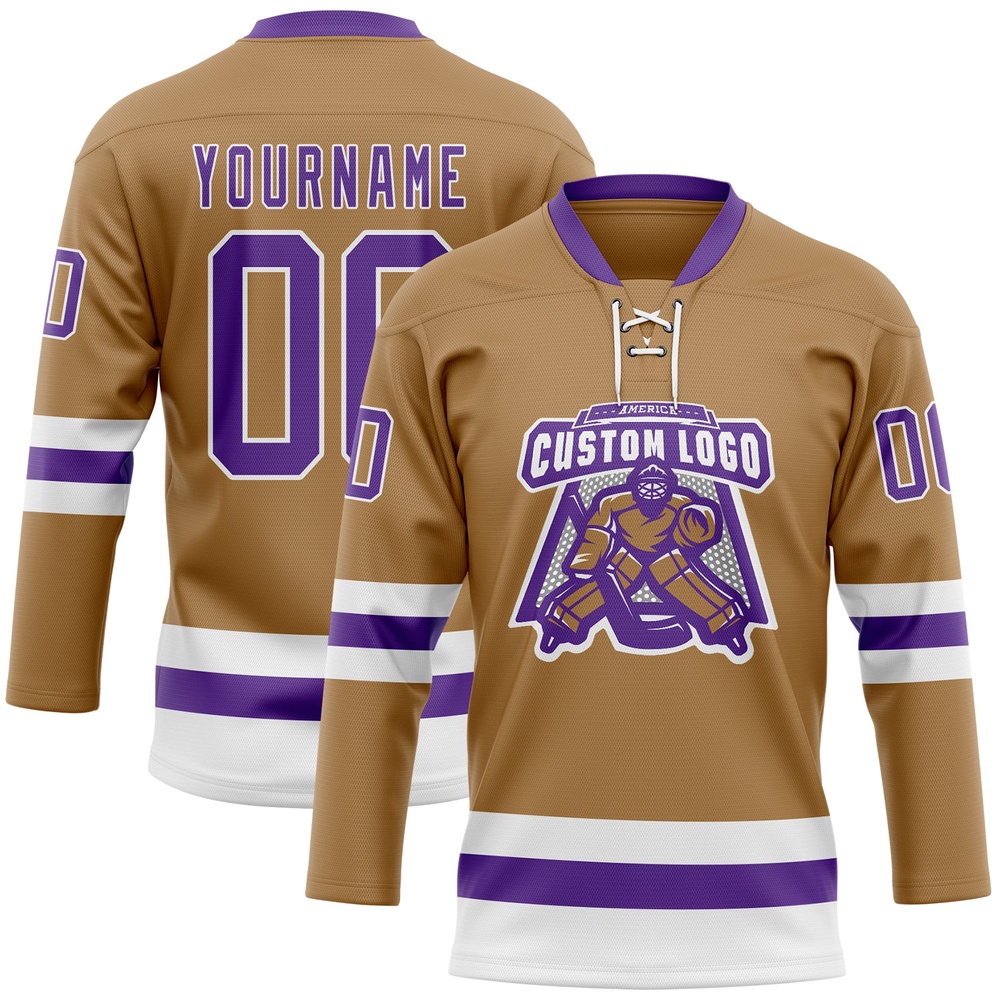 Custom Old Gold Purple White Hockey Lace Neck Jersey, New Hockey Jersey, Personali Sport Team Jersey Shirt Custom Old Gold Purple White Hockey Lace Neck Jersey, New Hockey Jersey, Personali Sport Team Jersey Shirt