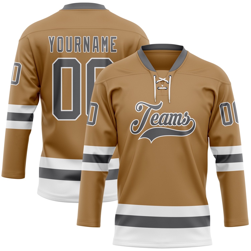 Custom Old Gold Steel Gray White Hockey Lace Neck Jersey, New Hockey Jersey, Personali Sport Team Jersey Shirt Custom Old Gold Steel Gray White Hockey Lace Neck Jersey, New Hockey Jersey, Personali Sport Team Jersey Shirt