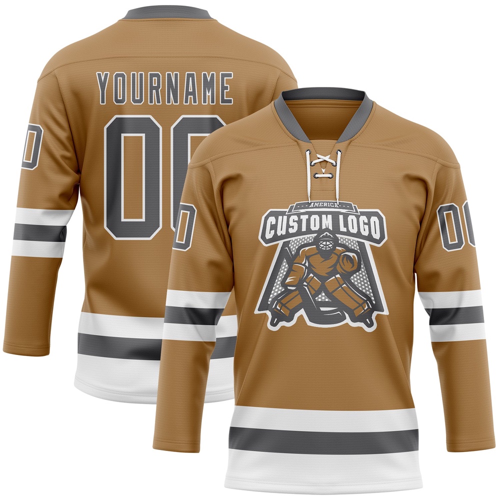Custom Old Gold Steel Gray White Hockey Lace Neck Jersey, New Hockey Jersey, Personali Sport Team Jersey Shirt Custom Old Gold Steel Gray White Hockey Lace Neck Jersey, New Hockey Jersey, Personali Sport Team Jersey Shirt