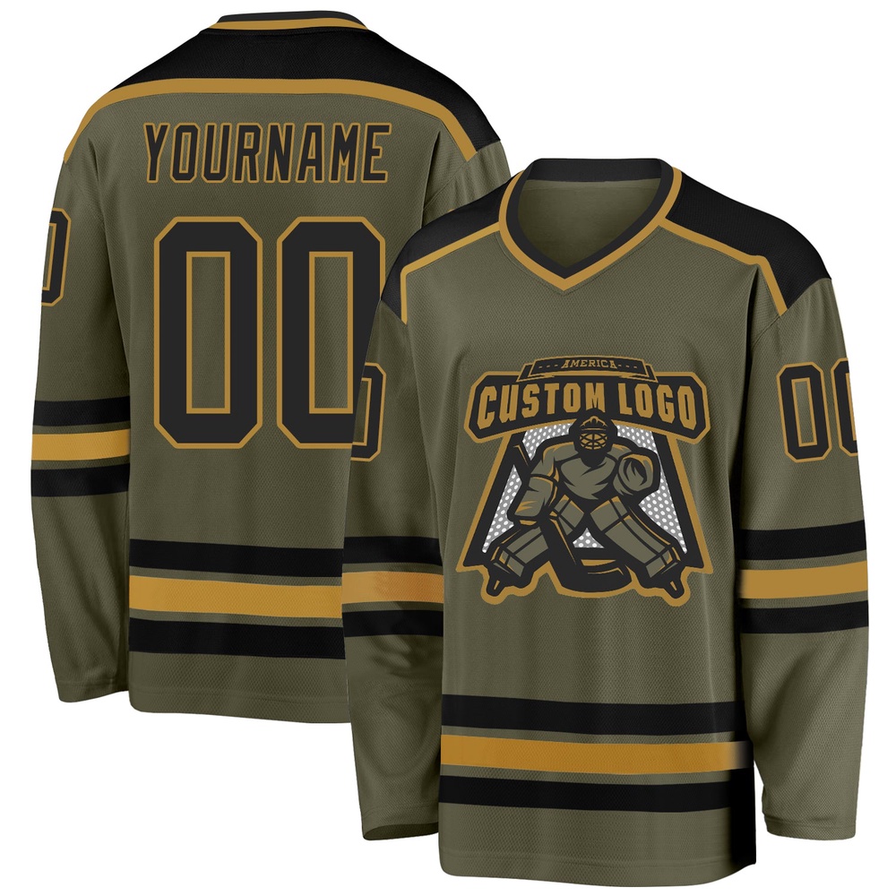 Custom Olive Black Old Gold Salute To Service Hockey Jersey, New Hockey Jersey, Personali Sport Team Jersey Shirt Custom Olive Black Old Gold Salute To Service Hockey Jersey, New Hockey Jersey, Personali Sport Team Jersey Shirt