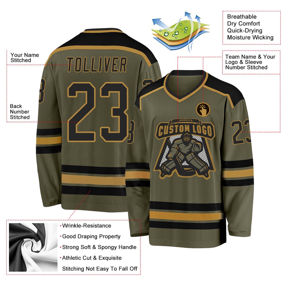 Custom Olive Black Old Gold Salute To Service Hockey Jersey, New Hockey Jersey, Personali Sport Team Jersey Shirt Custom Olive Black Old Gold Salute To Service Hockey Jersey, New Hockey Jersey, Personali Sport Team Jersey Shirt