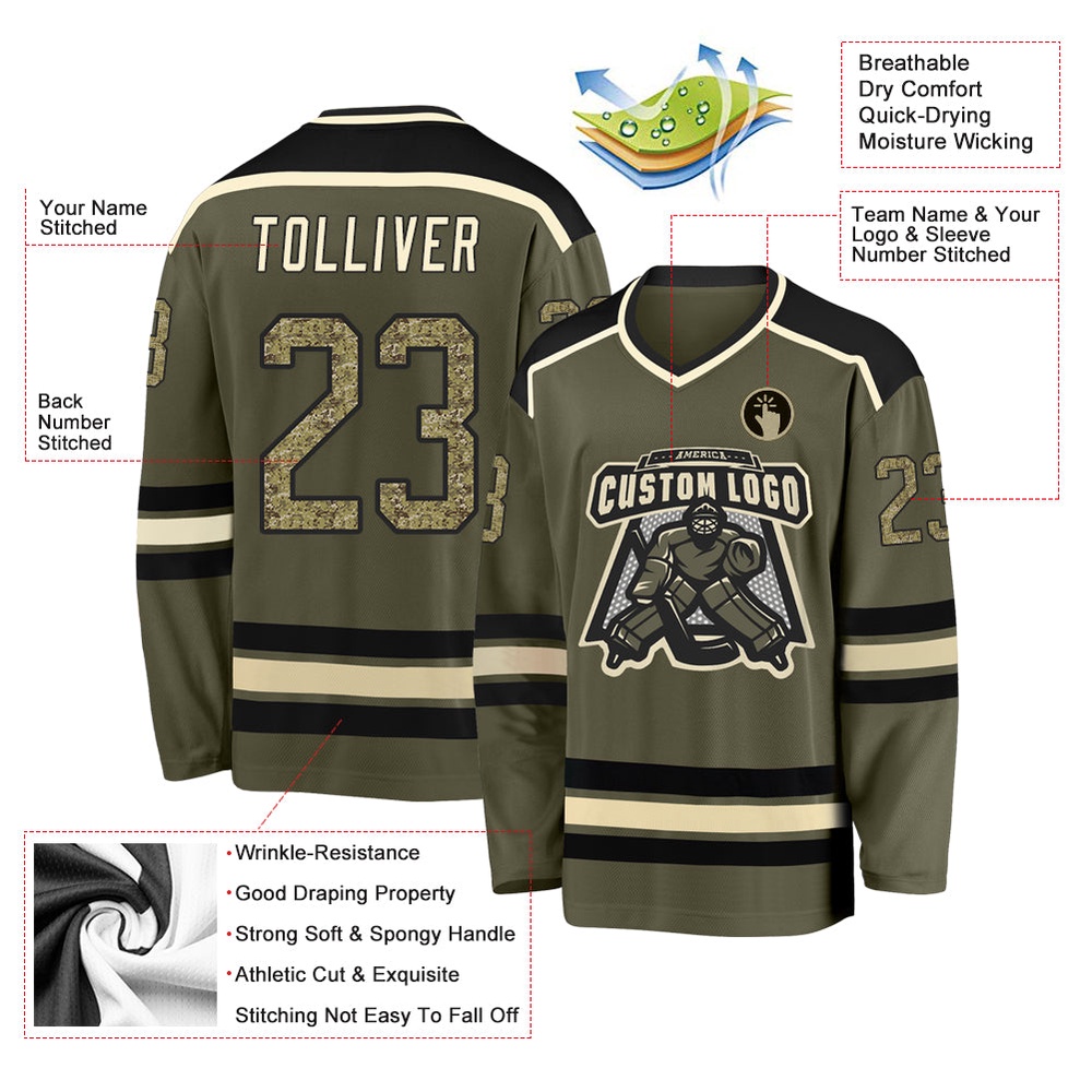 Custom Olive Camo Black Cream Salute To Service Hockey Jersey, New Hockey Jersey, Personali Sport Team Jersey Shirt Custom Olive Camo Black Cream Salute To Service Hockey Jersey, New Hockey Jersey, Personali Sport Team Jersey Shirt