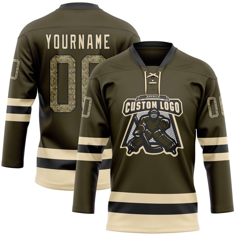 Custom Olive Camo Black Cream Salute To Service Hockey Lace Neck Jersey, New Hockey Jersey, Personali Sport Team Jersey Shirt Custom Olive Camo Black Cream Salute To Service Hockey Lace Neck Jersey, New Hockey Jersey, Personali Sport Team Jersey Shirt