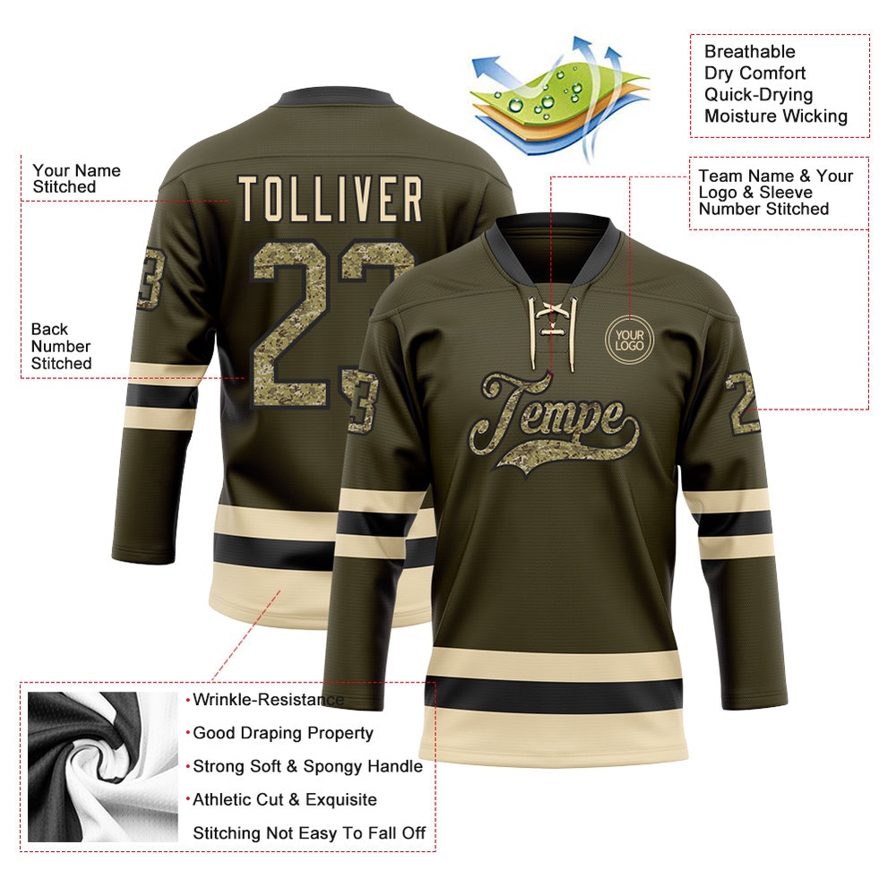 Custom Olive Camo Black Cream Salute To Service Hockey Lace Neck Jersey, New Hockey Jersey, Personali Sport Team Jersey Shirt Custom Olive Camo Black Cream Salute To Service Hockey Lace Neck Jersey, New Hockey Jersey, Personali Sport Team Jersey Shirt