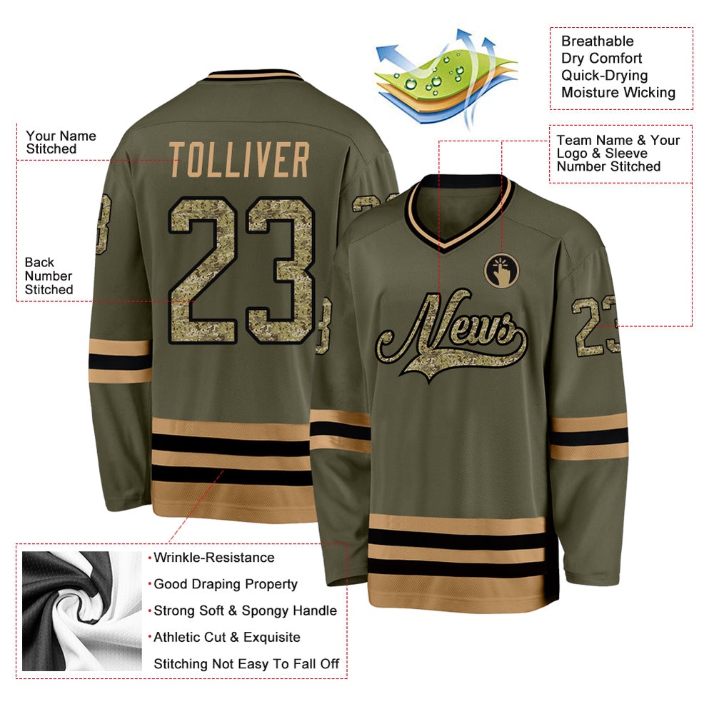 Custom Olive Camo Old Gold Salute To Service Hockey Jersey, New Hockey Jersey, Personali Sport Team Jersey Shirt Custom Olive Camo Old Gold Salute To Service Hockey Jersey, New Hockey Jersey, Personali Sport Team Jersey Shirt