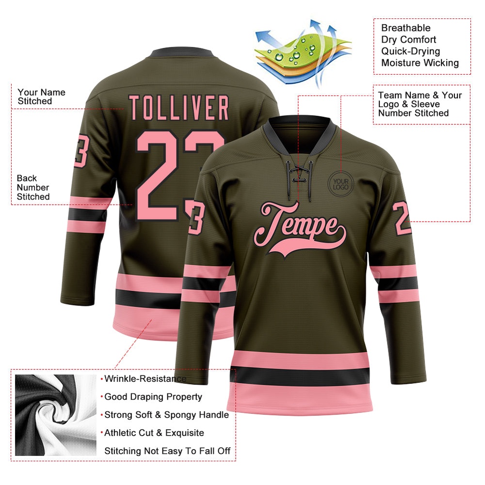 Custom Olive Medium Pink Black Salute To Service Hockey Lace Neck Jersey, New Hockey Jersey, Personali Sport Team Jersey Shirt Custom Olive Medium Pink Black Salute To Service Hockey Lace Neck Jersey, New Hockey Jersey, Personali Sport Team Jersey Shirt