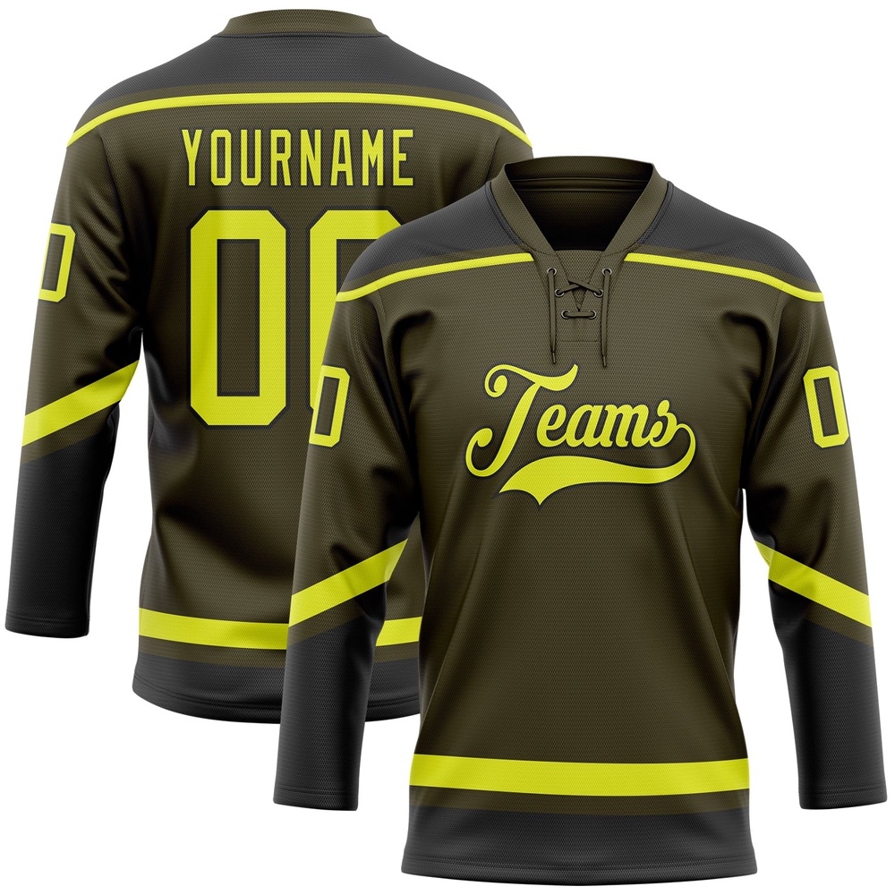 Custom Olive Neon Yellow Black Salute To Service Hockey Lace Neck Jersey, New Hockey Jersey, Personali Sport Team Jersey Shirt Custom Olive Neon Yellow Black Salute To Service Hockey Lace Neck Jersey, New Hockey Jersey, Personali Sport Team Jersey Shirt