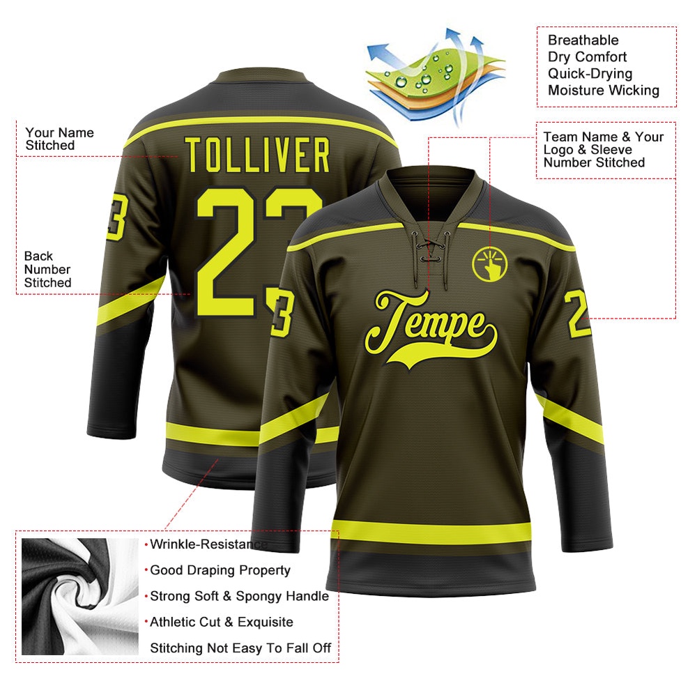 Custom Olive Neon Yellow Black Salute To Service Hockey Lace Neck Jersey, New Hockey Jersey, Personali Sport Team Jersey Shirt Custom Olive Neon Yellow Black Salute To Service Hockey Lace Neck Jersey, New Hockey Jersey, Personali Sport Team Jersey Shirt