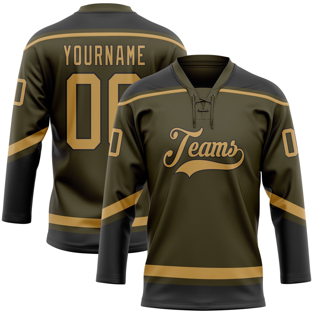 Custom Olive Old Gold Black Salute To Service Hockey Lace Neck Jersey, New Hockey Jersey, Personali Sport Team Jersey Shirt Custom Olive Old Gold Black Salute To Service Hockey Lace Neck Jersey, New Hockey Jersey, Personali Sport Team Jersey Shirt