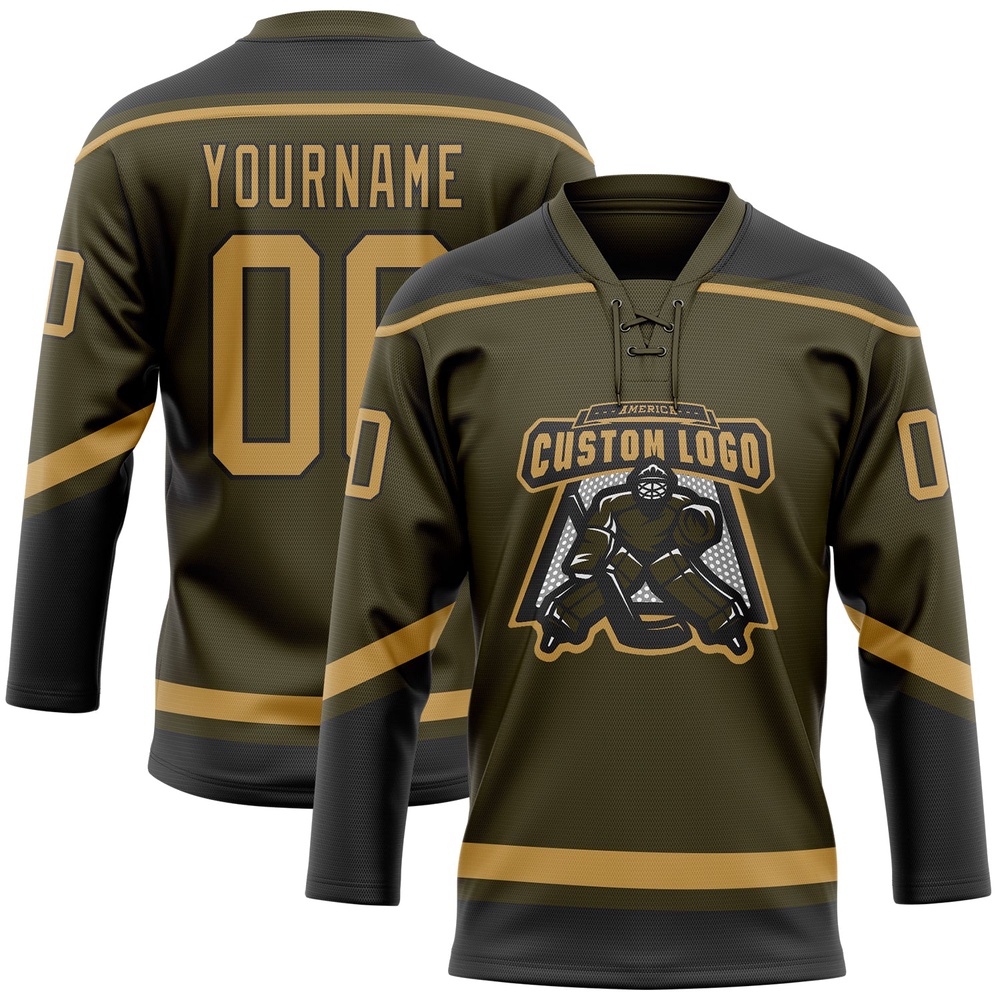 Custom Olive Old Gold Black Salute To Service Hockey Lace Neck Jersey, New Hockey Jersey, Personali Sport Team Jersey Shirt Custom Olive Old Gold Black Salute To Service Hockey Lace Neck Jersey, New Hockey Jersey, Personali Sport Team Jersey Shirt