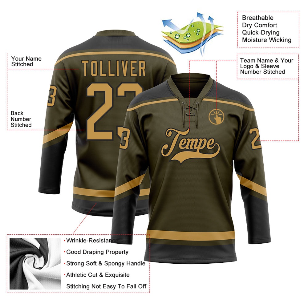 Custom Olive Old Gold Black Salute To Service Hockey Lace Neck Jersey, New Hockey Jersey, Personali Sport Team Jersey Shirt Custom Olive Old Gold Black Salute To Service Hockey Lace Neck Jersey, New Hockey Jersey, Personali Sport Team Jersey Shirt