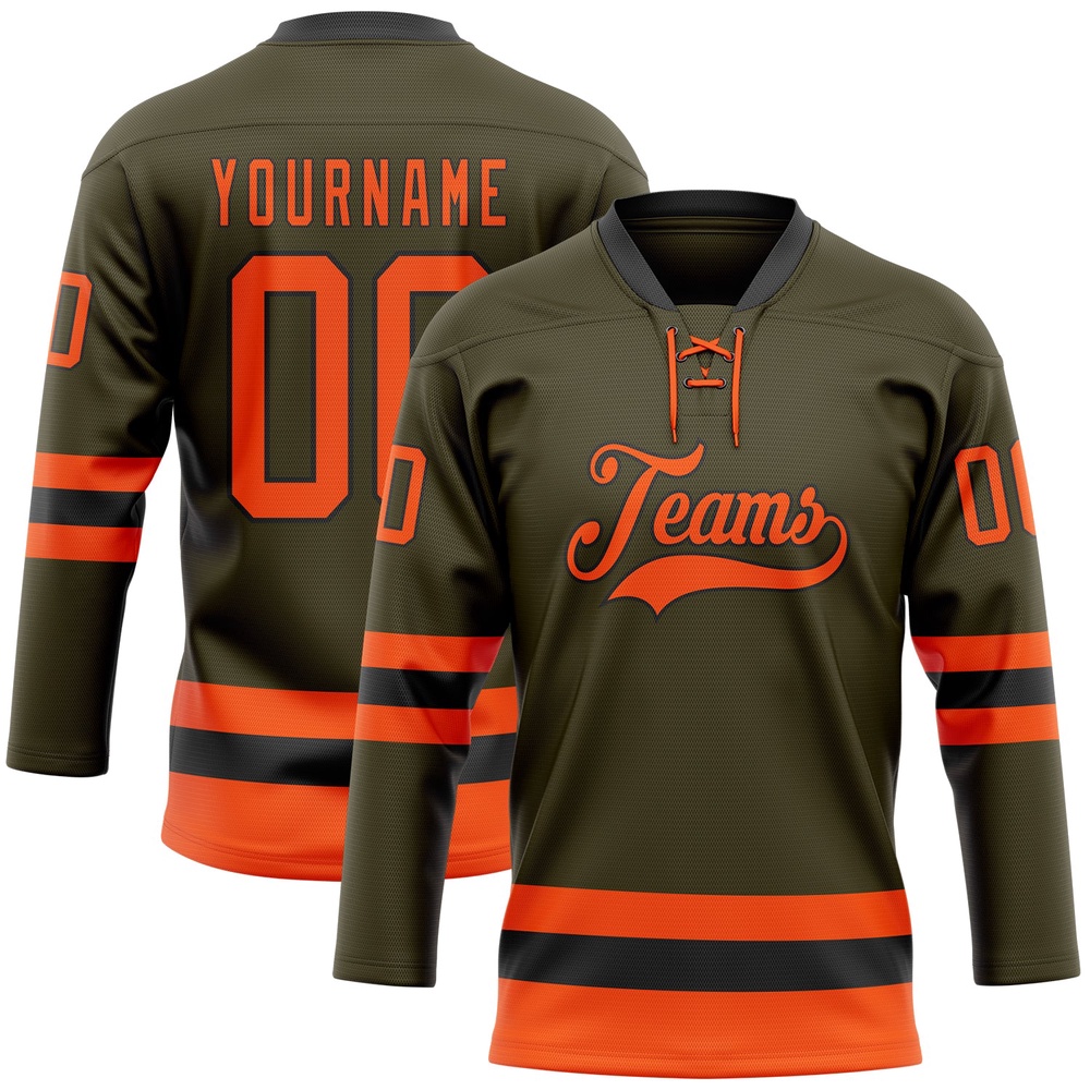 Custom Olive Orange Black Salute To Service Hockey Lace Neck Jersey, New Hockey Jersey, Personali Sport Team Jersey Shirt Custom Olive Orange Black Salute To Service Hockey Lace Neck Jersey, New Hockey Jersey, Personali Sport Team Jersey Shirt