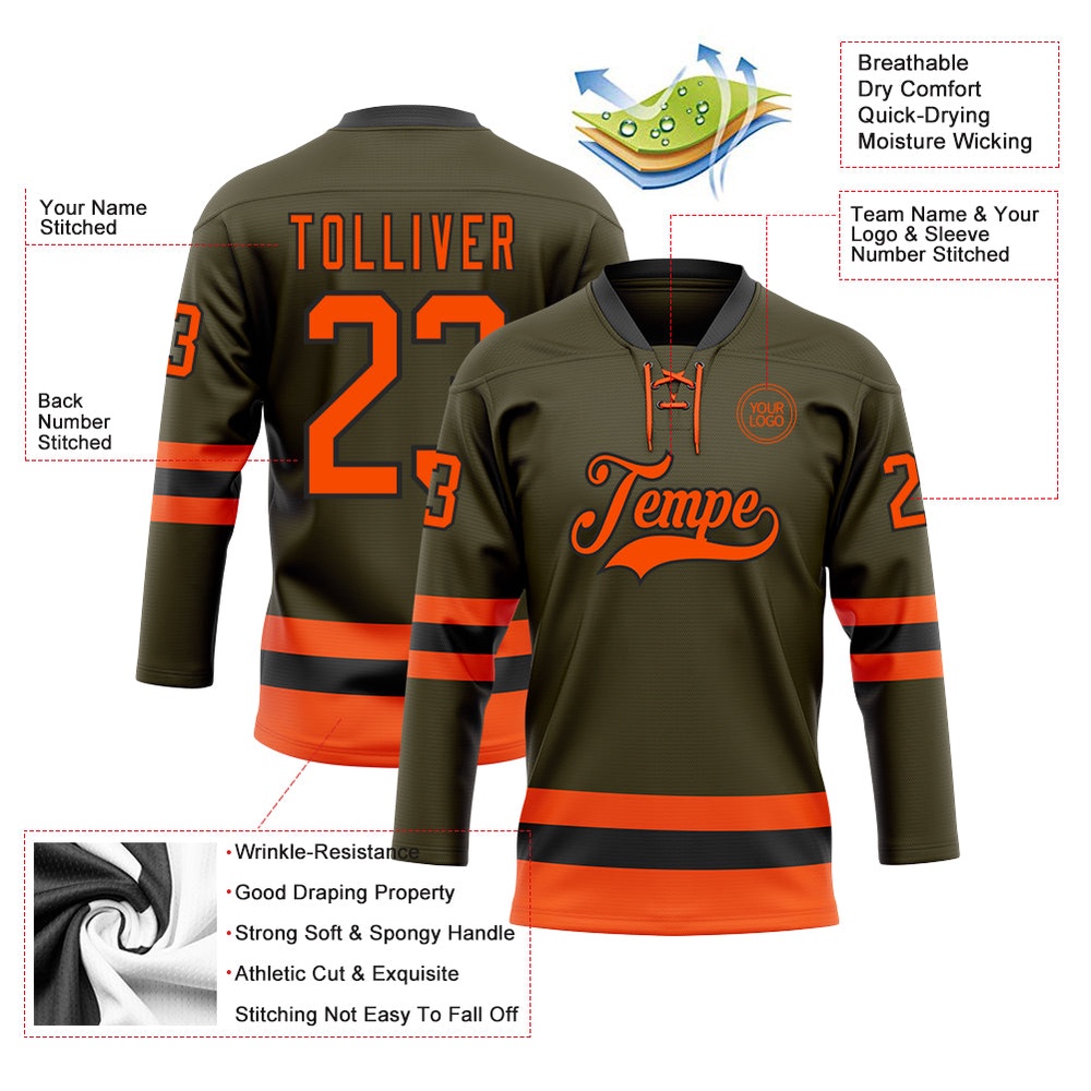 Custom Olive Orange Black Salute To Service Hockey Lace Neck Jersey, New Hockey Jersey, Personali Sport Team Jersey Shirt Custom Olive Orange Black Salute To Service Hockey Lace Neck Jersey, New Hockey Jersey, Personali Sport Team Jersey Shirt