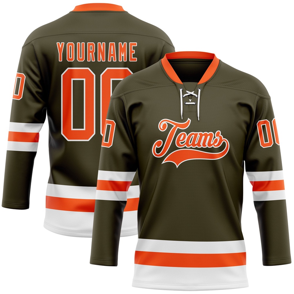 Custom Olive Orange White Salute To Service Hockey Lace Neck Jersey, New Hockey Jersey, Personali Sport Team Jersey Shirt Custom Olive Orange White Salute To Service Hockey Lace Neck Jersey, New Hockey Jersey, Personali Sport Team Jersey Shirt