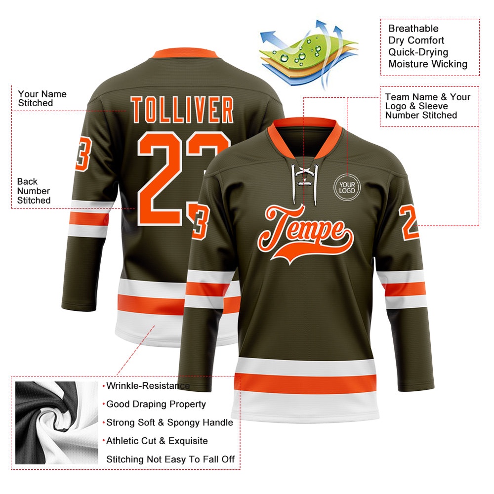 Custom Olive Orange White Salute To Service Hockey Lace Neck Jersey, New Hockey Jersey, Personali Sport Team Jersey Shirt Custom Olive Orange White Salute To Service Hockey Lace Neck Jersey, New Hockey Jersey, Personali Sport Team Jersey Shirt