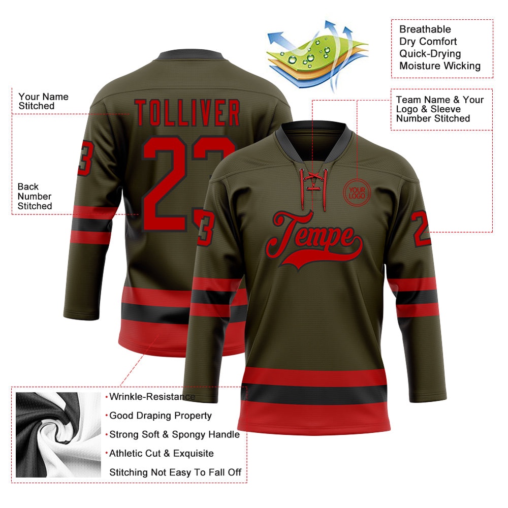Custom Olive Red Black Salute To Service Hockey Lace Neck Jersey, New Hockey Jersey, Personali Sport Team Jersey Shirt Custom Olive Red Black Salute To Service Hockey Lace Neck Jersey, New Hockey Jersey, Personali Sport Team Jersey Shirt
