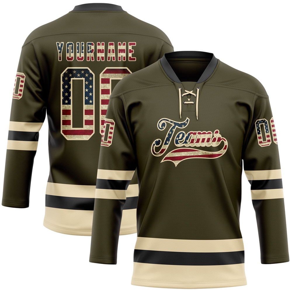 Custom Olive Vintage USA Flag Cream Black Salute To Service Hockey Lace Neck Jersey, New Hockey Jersey, Personali Sport Team Jersey Shirt Custom Olive Vintage USA Flag Cream Black Salute To Service Hockey Lace Neck Jersey, New Hockey Jersey, Personali Sport Team Jersey Shirt