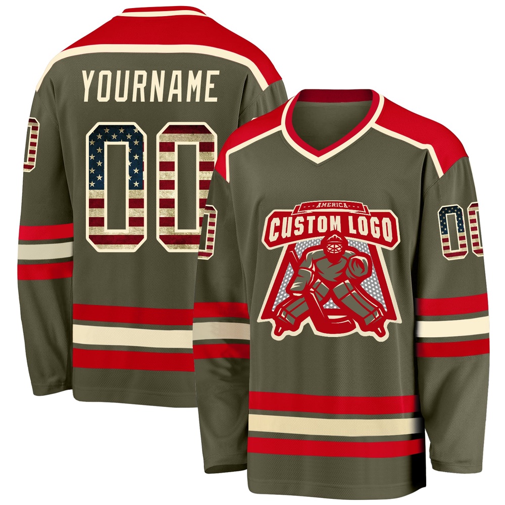 Custom Olive Vintage USA Flag Cream Red Salute To Service Hockey Jersey, New Hockey Jersey, Personali Sport Team Jersey Shirt Custom Olive Vintage USA Flag Cream Red Salute To Service Hockey Jersey, New Hockey Jersey, Personali Sport Team Jersey Shirt