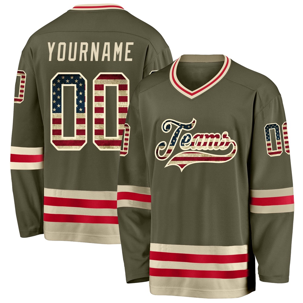 Custom Olive Vintage USA Flag Cream Salute To Service Hockey Jersey, New Hockey Jersey, Personali Sport Team Jersey Shirt