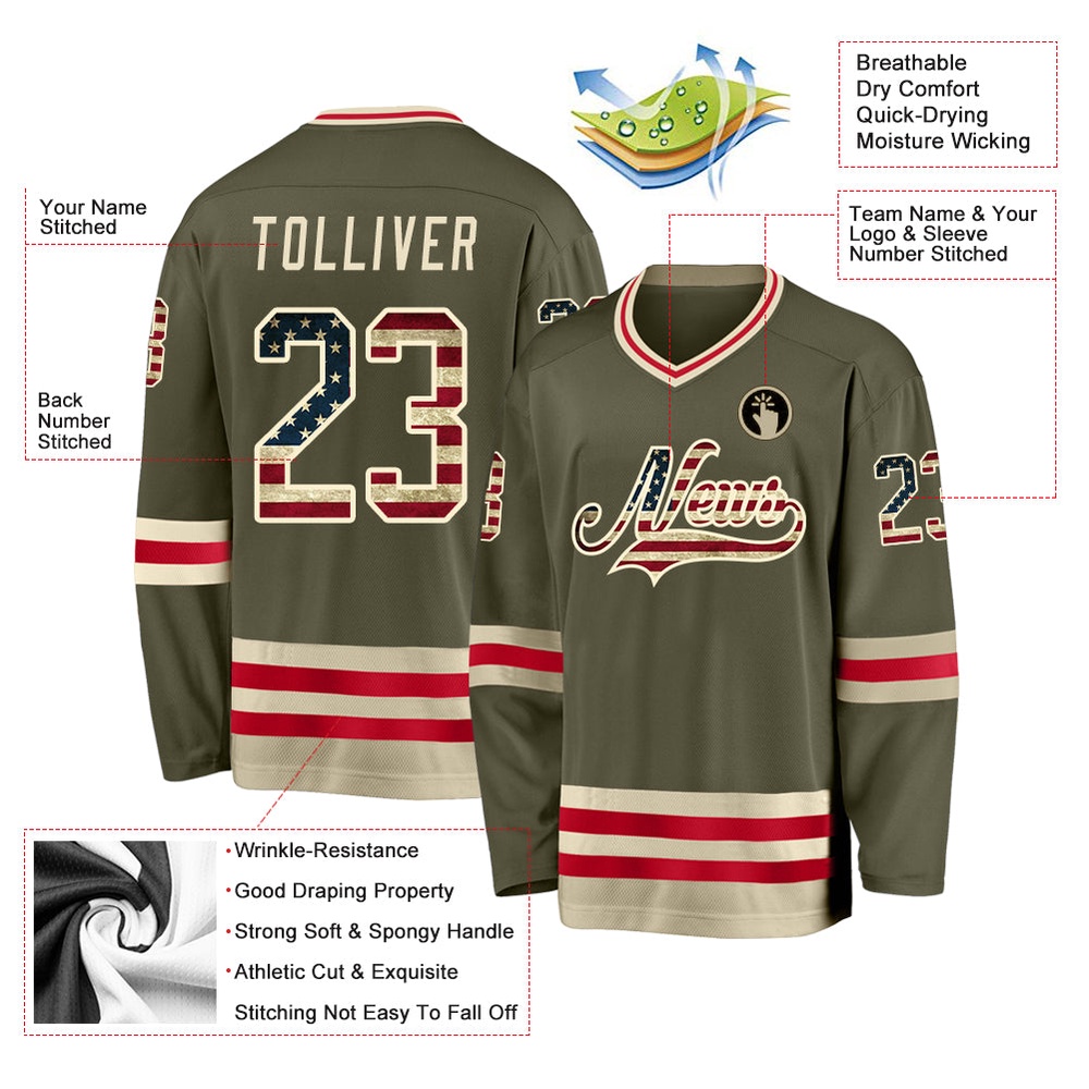 Custom Olive Vintage USA Flag Cream Salute To Service Hockey Jersey, New Hockey Jersey, Personali Sport Team Jersey Shirt