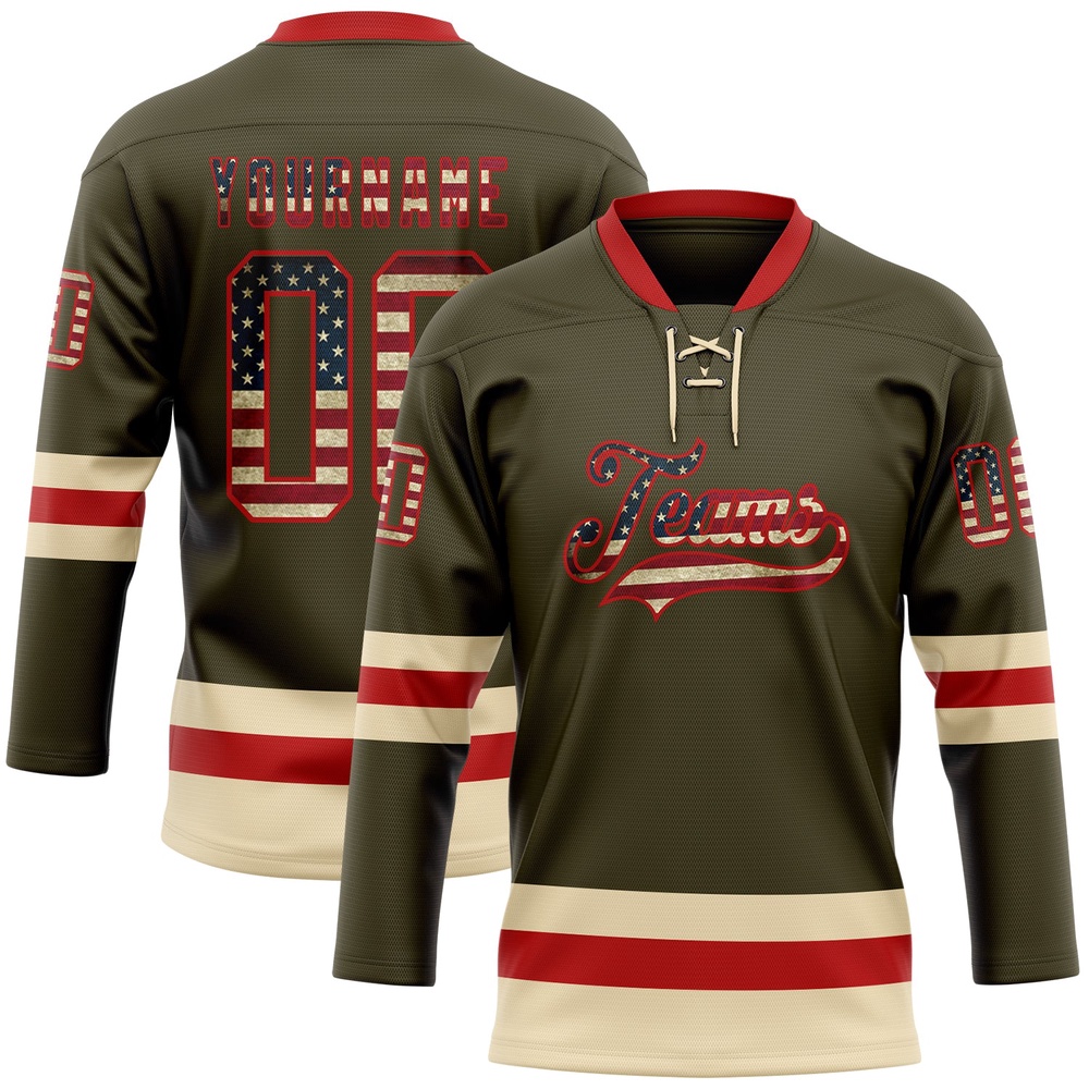 Custom Olive Vintage USA Flag Red Cream Salute To Service Hockey Lace Neck Jersey, New Hockey Jersey, Personali Sport Team Jersey Shirt