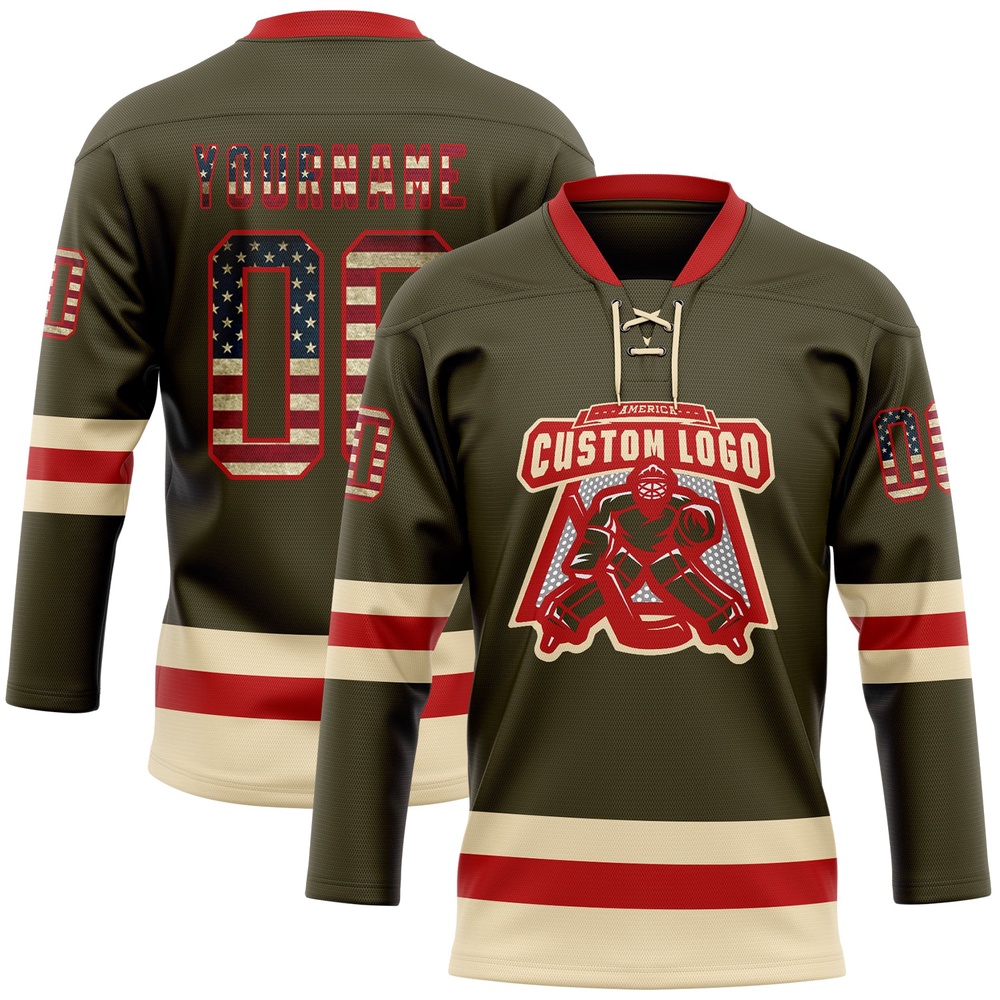 Custom Olive Vintage USA Flag Red Cream Salute To Service Hockey Lace Neck Jersey, New Hockey Jersey, Personali Sport Team Jersey Shirt