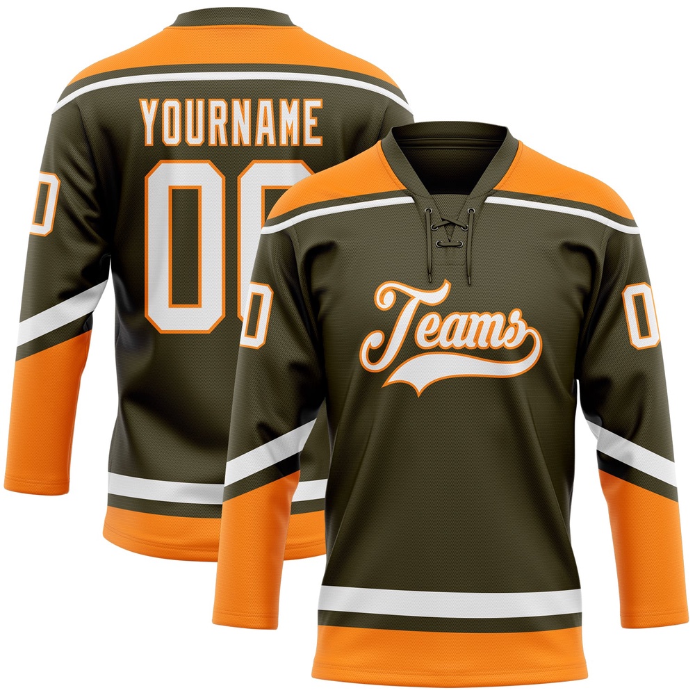 Custom Olive White Bay Orange Salute To Service Hockey Lace Neck Jersey, New Hockey Jersey, Personali Sport Team Jersey Shirt