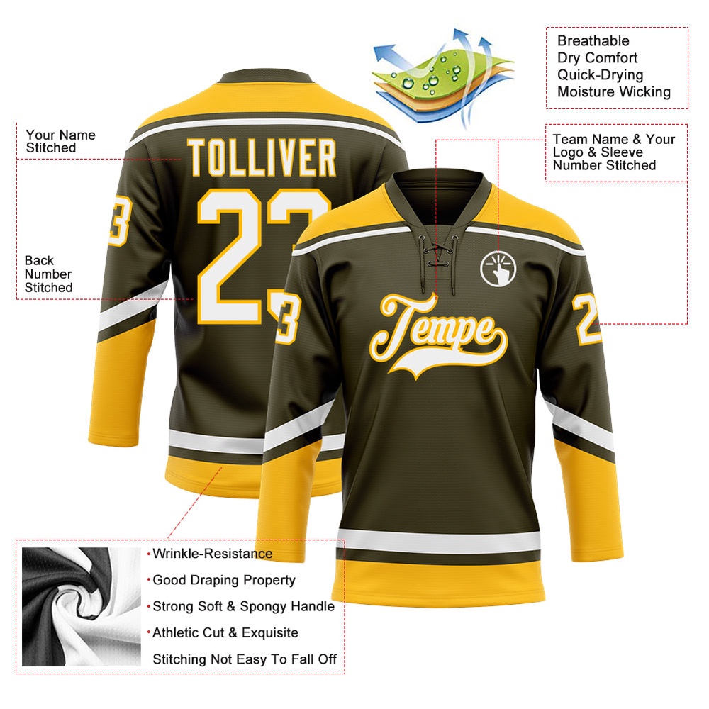 Custom Olive White Gold Salute To Service Hockey Lace Neck Jersey, New Hockey Jersey, Personali Sport Team Jersey Shirt