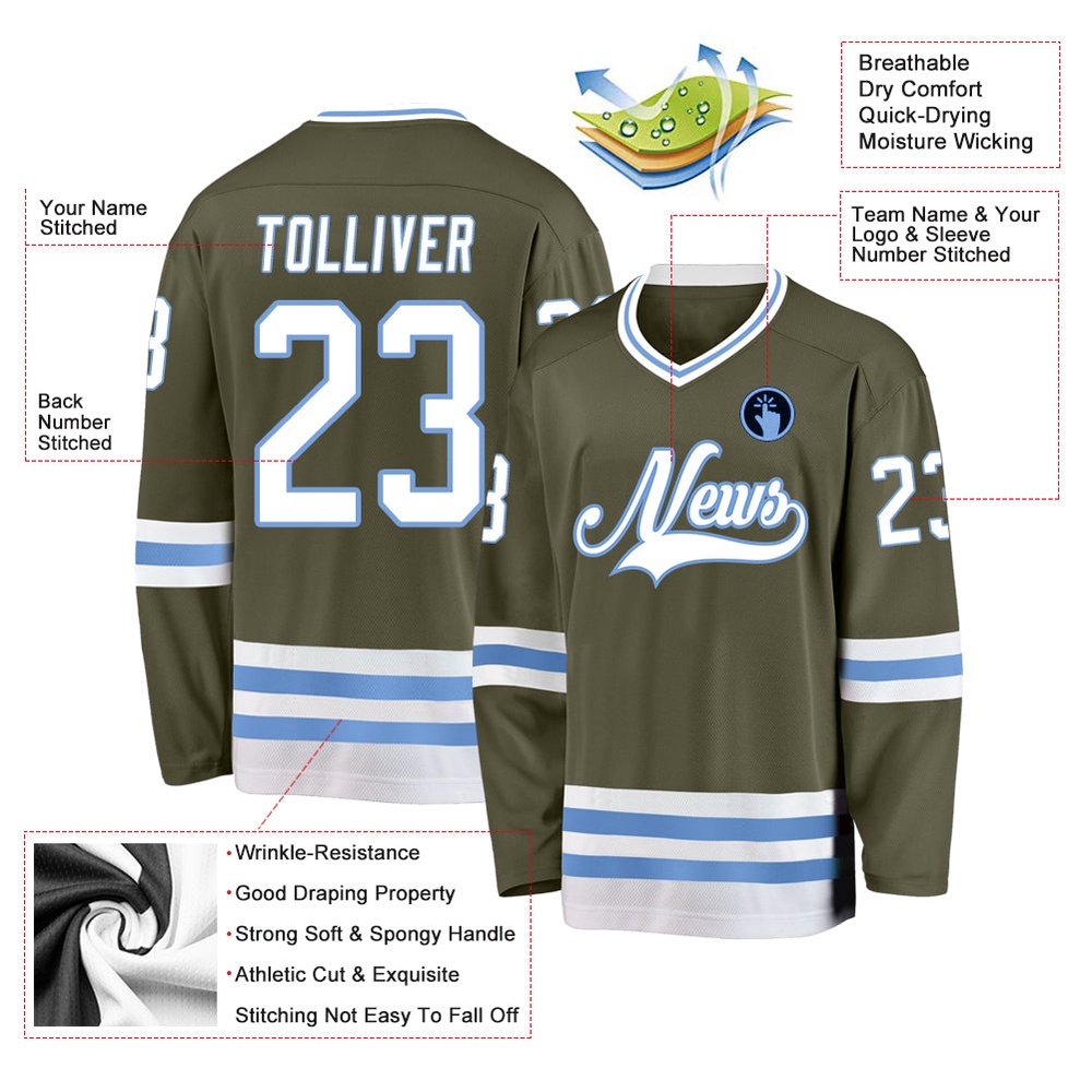 Custom Olive White Light Blue Salute To Service Hockey Jersey, New Hockey Jersey, Personali Sport Team Jersey Shirt