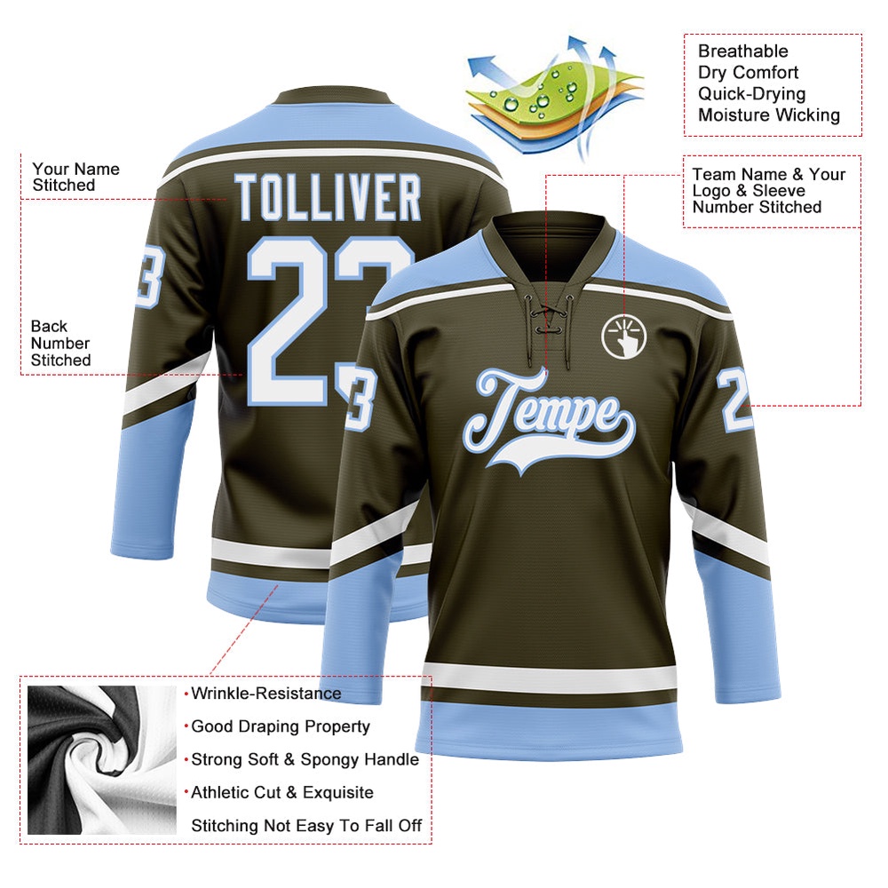 Custom Olive White Light Blue Salute To Service Hockey Lace Neck Jersey, New Hockey Jersey, Personali Sport Team Jersey Shirt