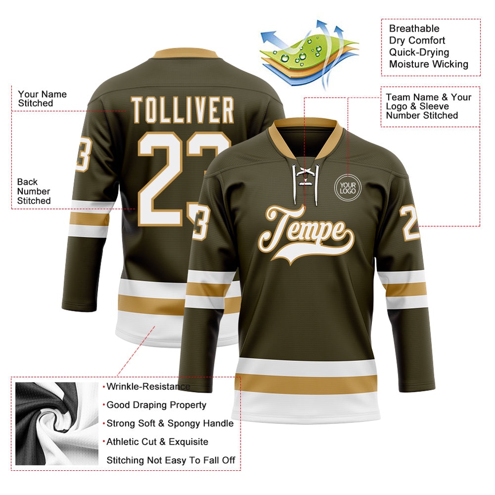 Custom Olive White Old Gold Salute To Service Hockey Lace Neck Jersey, New Hockey Jersey, Personali Sport Team Jersey Shirt