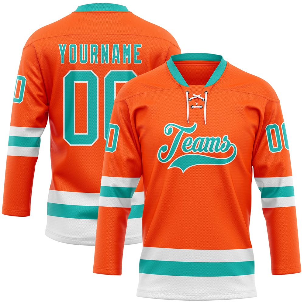 Custom Orange Aqua White Hockey Lace Neck Jersey, New Hockey Jersey, Personali Sport Team Jersey Shirt Custom Orange Aqua White Hockey Lace Neck Jersey, New Hockey Jersey, Personali Sport Team Jersey Shirt