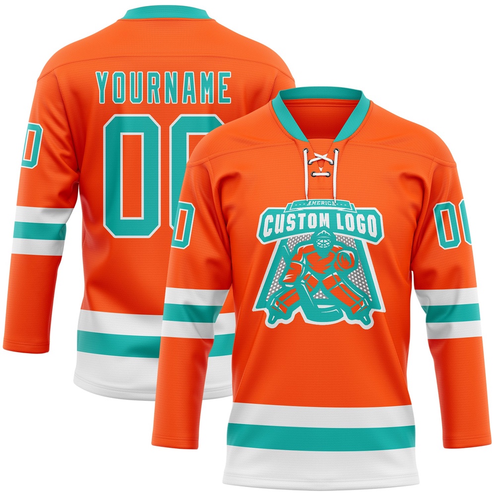 Custom Orange Aqua White Hockey Lace Neck Jersey, New Hockey Jersey, Personali Sport Team Jersey Shirt Custom Orange Aqua White Hockey Lace Neck Jersey, New Hockey Jersey, Personali Sport Team Jersey Shirt